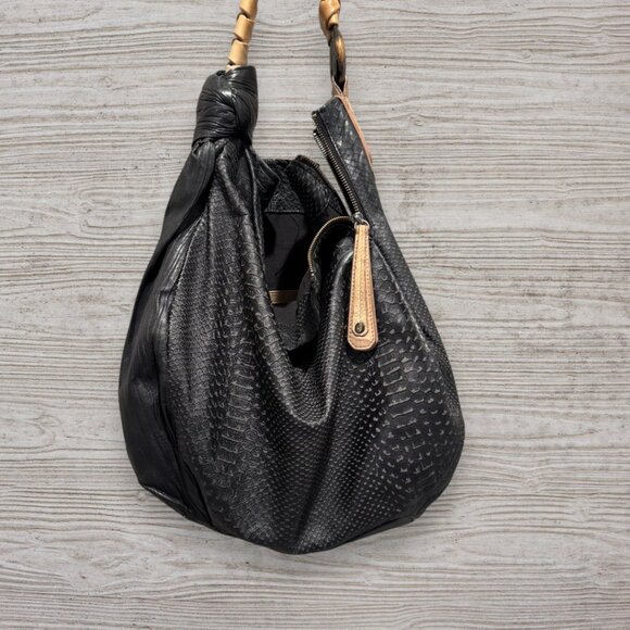H by Halston Heritage Embossed Leather Pleated Hobo Shoulder Bag Black Tan Purse - Picture 3 of 16